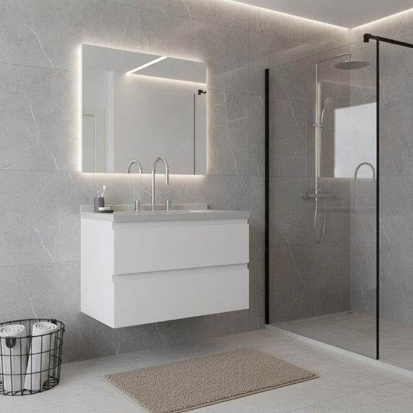 30 Inch White Wood Floating Bathroom Vanity Cabinet with Integrated Sink and Storage Drawers