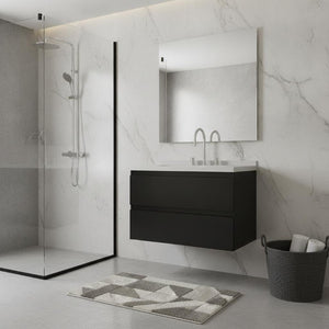 30 Inch Floating Bathroom Vanity in Black Wood with White Sink and Storage Drawers