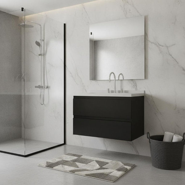 30 Inch Floating Bathroom Vanity in Black Wood with White Sink and Storage Drawers