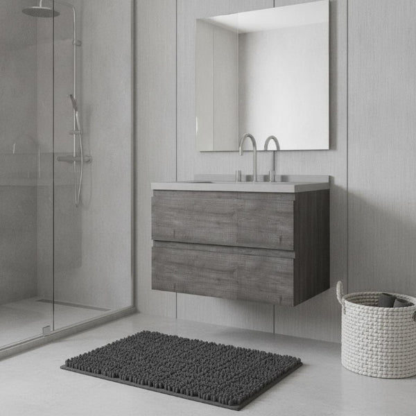 30 Inch Floating Bathroom Vanity in Gray Wood Finish with Integrated Sink and Storage