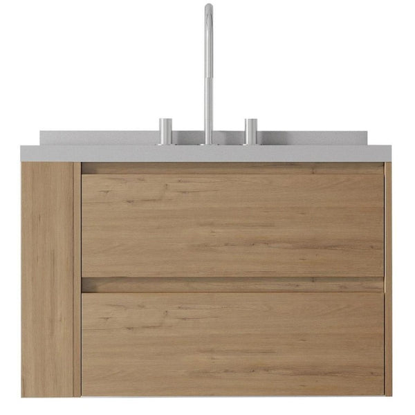 30 Inch Floating Bathroom Vanity in Brown Wood with White Sink and Two Storage Drawers