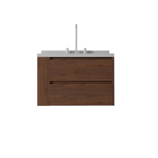 HomeRoots 30 Inch Floating Bathroom Vanity in Brown Wood with White Sink and Dual Storage Drawers 761094