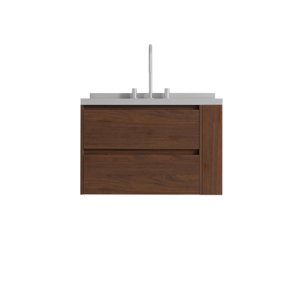 30 Inch Floating Bathroom Vanity in Brown Wood with White Sink and Dual Storage Drawers