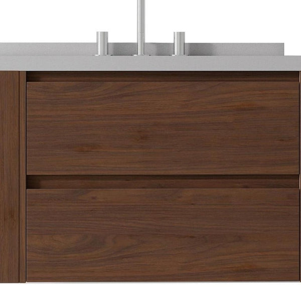 30 Inch Floating Bathroom Vanity in Brown Wood with White Sink and Dual Storage Drawers