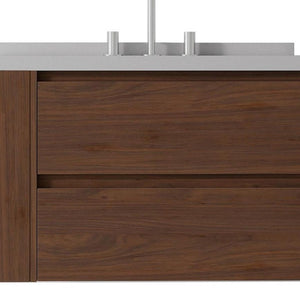 30 Inch Floating Bathroom Vanity in Brown Wood with White Sink and Dual Storage Drawers