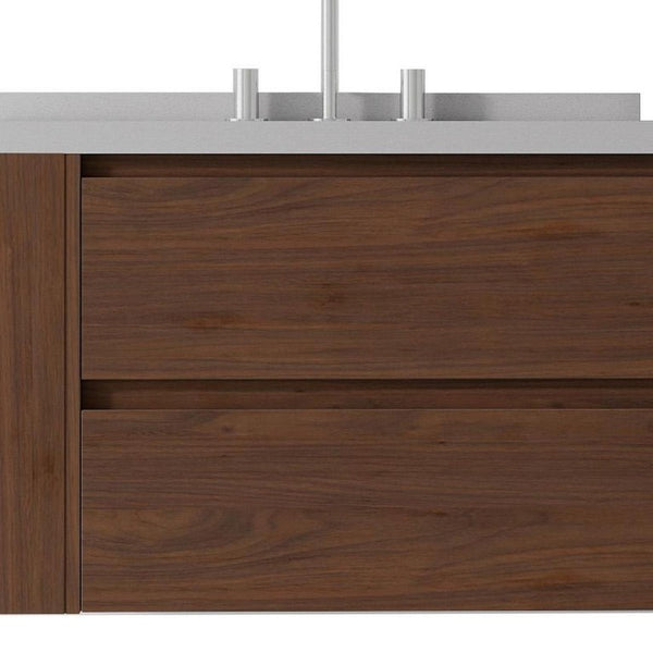 30 Inch Floating Bathroom Vanity in Brown Wood with White Sink and Dual Storage Drawers