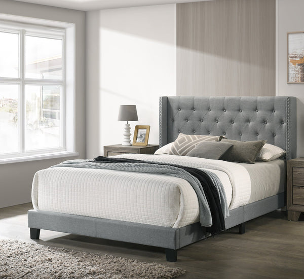 English Elm 1pc Twin Size Bed Gray Wingback Upholstered Headboard Button-Tufted Nailhead Trim French Country Style, Solid Frame B2741P347930