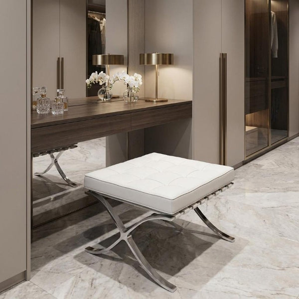 24 Inch Tufted Faux Leather Vanity Stool with Stainless Steel Base for Glam Bedroom Seating