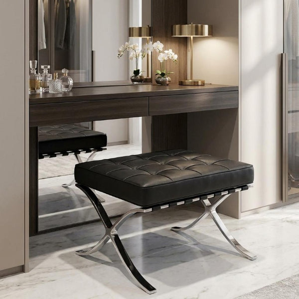 24 Inch Tufted Faux Leather Vanity Stool with Stainless Steel Base for Glam Bedroom Seating