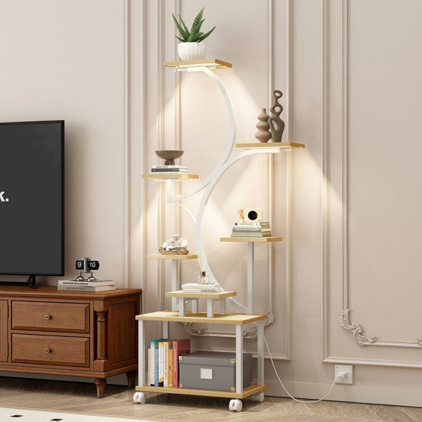 English Elm Plant Stand with Full Spectrum Grow Lights 8 Tier S Shaped Iron Corner Display Rack White+Natural W2641P446508