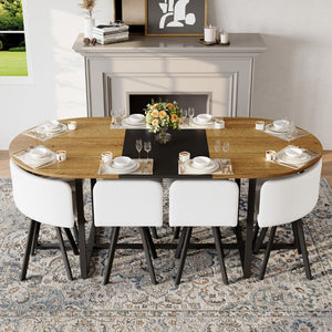 English Elm 9-piece Oval Dining Set Two-tone Wood Triamine Table with Pu Leather Chairs Seats 8 W3875S00153