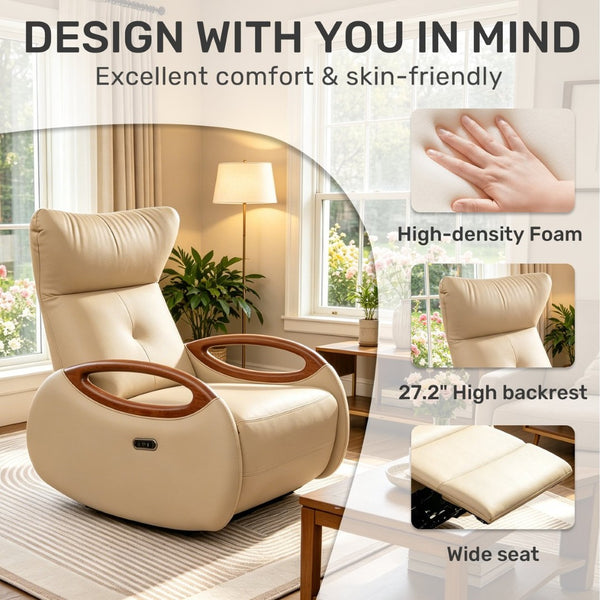 English Elm Power Recliner Chair with 260 Degree Swivel Oak Armrests and Eco Leather Upholstery W3795P499257
