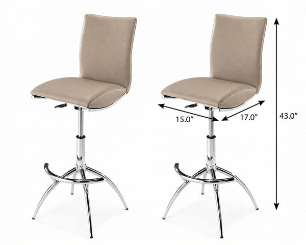 Set of Two Adjustable Swivel Barstools with Faux Leather Seats and Chrome Steel Base