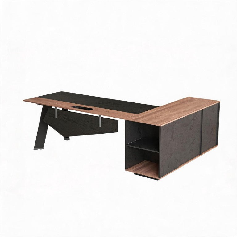 HomeRoots 63 Inch L-shaped Executive Desk in Steel and Wood with Four Storage Cabinets 761190