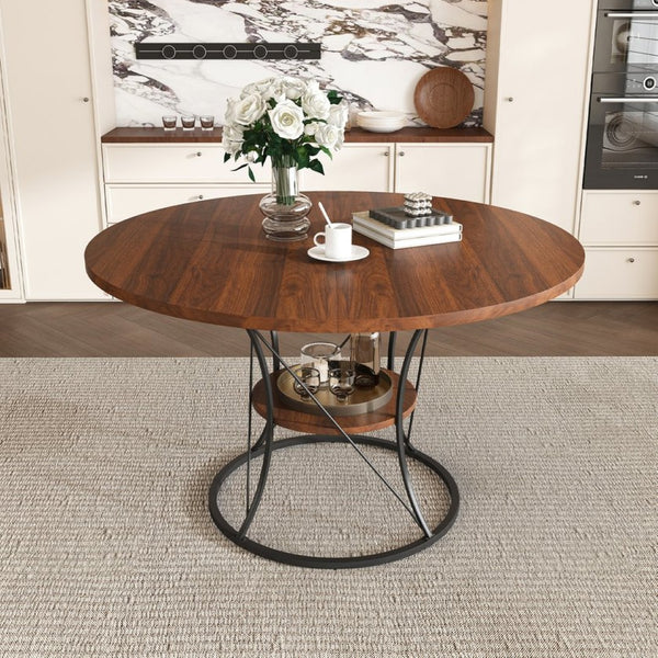 English Elm 43 Inch Expandable Round Dining Table Walnut Veneer Seats Six with Metal Storage Shelf Walnut+Black W2700P411580