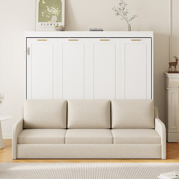 English Elm Full Size Murphy Cabinet Bed With Sofa, Built-In Storage & Led Lights - Stylish Space Saver In Beige N7090000602A