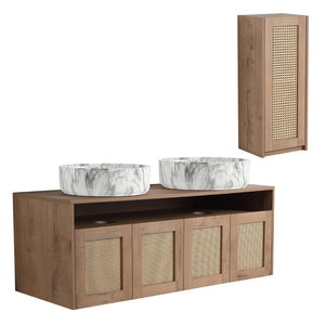 English Elm 48" Floating Bathroom Vanity Dual Ceramic Vessel Sinks Oak Finish Soft Close Doors W999S00500