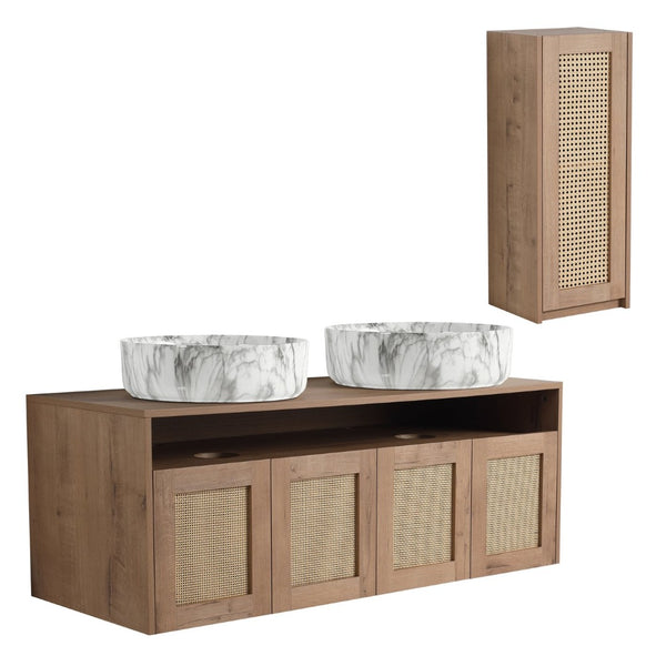 English Elm 48" Floating Bathroom Vanity Dual Ceramic Vessel Sinks Oak Finish Soft Close Doors W999S00500
