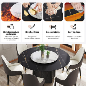 English Elm 59.05" Round Marble Dining Table With Black Wood Base, Turntable & Seating For 6-8, Modern Elegance W1535S00383
