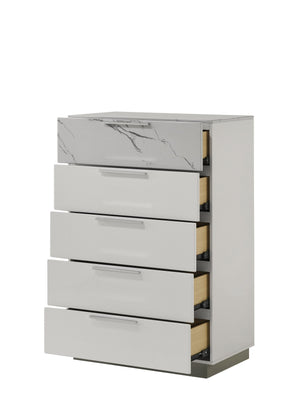 English Elm Mist Chest White Modern Lacquer Chest with Marble Accents, 5 Smooth-Glide Drawers, Velvet-Lined Top Drawer and Minimalist Handles G150108673