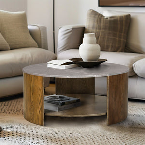 English Elm Round Keegan Mixed Material Coffee Table with Faux Marble Top & Lower Shelf, Modern 36" Dia Elegance B035P217812