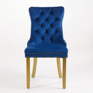 English Elm Mid-Century Velvet Dining Chair with Lion Head Pull Ring, Tufted Solid Wood Seat, Gold Legs Blue W1143P193169