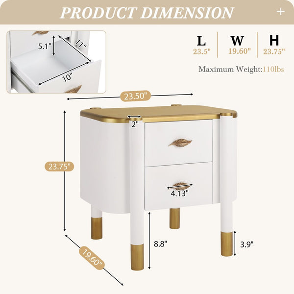 English Elm Contemporary Two Drawer Nightstand Curved Profile Feather Handles Exposed Legs Bedroom White N761P285711W