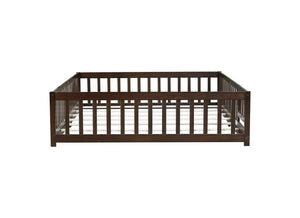 English Elm Queen Rubber Wood Floor Bed with Full Perimeter Safety Fence and Hinged Access Door Espresso W504P429342