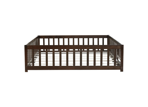 English Elm Queen Rubber Wood Floor Bed with Full Perimeter Safety Fence and Hinged Access Door Espresso W504P429342