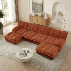 English Elm 138" U-shaped Chenille Cloud Sectional with Ottomans Deep Seat Modular Living Room Sofa Orange W714S01742
