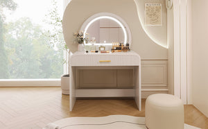 English Elm 39" Makeup Vanity Table with Touchscreen LED Mirror, Sleek Dressing Table with Drawer and Glass Top - Durable Rubberwood, Fast Assembly White N704P196658K
