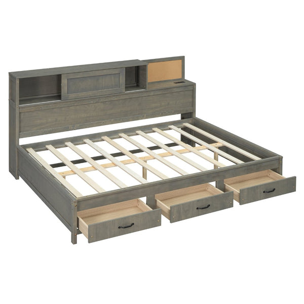 English Elm Full Size Gray Wood Daybed with Storage Drawers Shelf Usb Charging Upholstered Back LP002025AAE-1