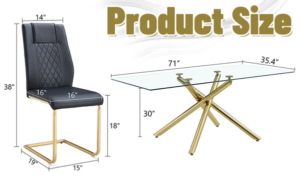 English Elm Table Set - Modern 7-Piece Dining Set With Transparent Tempered Glass Top & 6 Black Pu Chairs, Gold Legs W1151S02589-GIGA