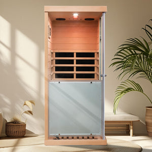 English Elm Large Hemlock Wood Infrared Sauna with Glass Front Bluetooth Audio and Red Light Therapy W2611P204516