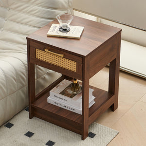 English Elm Pe Rattan End Table With Drawer - Stylish Walnut Nightstand & Versatile Side Table For Any Room W1265P236882-GIGA