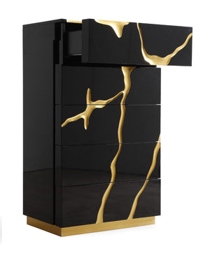 VIG Furniture Aspen High-Gloss Black Chest With Gold Accents — 5 Soft-Close Drawers, Concealed Pulls, Luxe Style VGVCJ1801-5H-BLK-CHEST