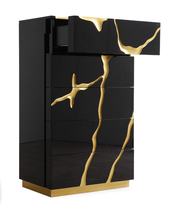 VIG Furniture Aspen High-Gloss Black Chest With Gold Accents — 5 Soft-Close Drawers, Concealed Pulls, Luxe Style VGVCJ1801-5H-BLK-CHEST