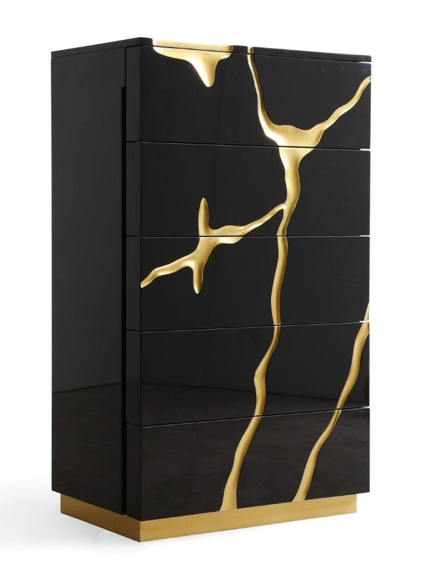 VIG Furniture Aspen High-Gloss Black Chest With Gold Accents — 5 Soft-Close Drawers, Concealed Pulls, Luxe Style VGVCJ1801-5H-BLK-CHEST
