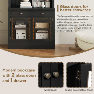 English Elm 83.4"Tall Modern Bookshelf With Led Lighting, Glass Doors & Drawer For Stylish Storage And Display N751S280595B