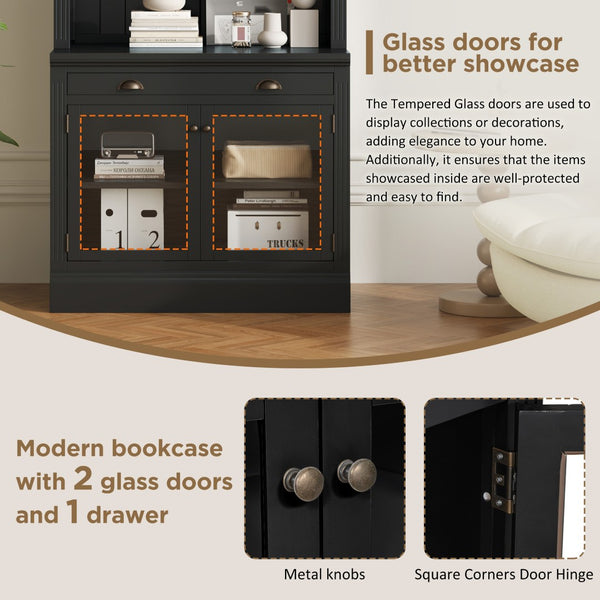 English Elm 83.4"tall Two-piece Bookcase Suite with Led Shelves Tempered Glass Doors Matte Black N751S059521B