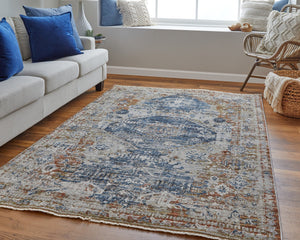 Feizy Rugs Kaia Luxurious Low Pile Medallion Area Rug - Soft, Durable, And Fade-resistant For High Traffic Areas Ivory,Orange,Blue Polypropylene,Viscose,Polyester Kai39hwfbluredj00