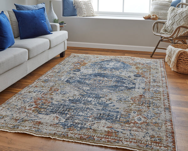 Feizy Rugs Kaia Luxurious Low Pile Medallion Area Rug - Soft, Durable, And Fade-resistant For High Traffic Areas Ivory,Orange,Blue Polypropylene,Viscose,Polyester Kai39hwfbluredj00