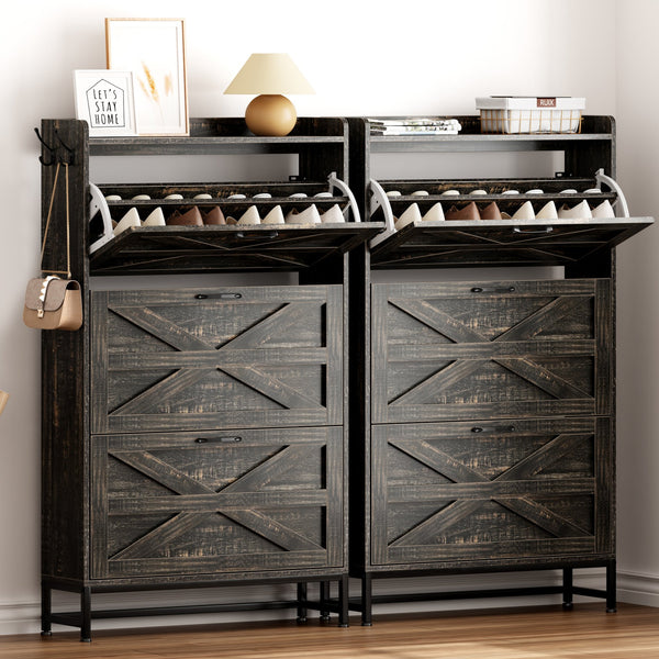 English Elm Shoe Organizer Cabinet with Anti-Tip Safety, Slim Entryway Storage Rack with Open Top Shelf for Keys and Decor Gray+Charcoal W2896P215175