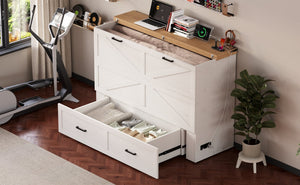 English Elm Queen Murphy Cabinet Bed Rustic Grey Farmhouse Style with Charging Station Storage W5271S00002