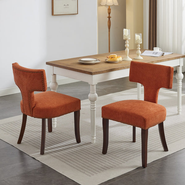English Elm Mid Curved Back Dining Chairs Set of 2 with Copper Nail Trim, High-Density Foam Seats, Walnut Legs Orange W1143P186368