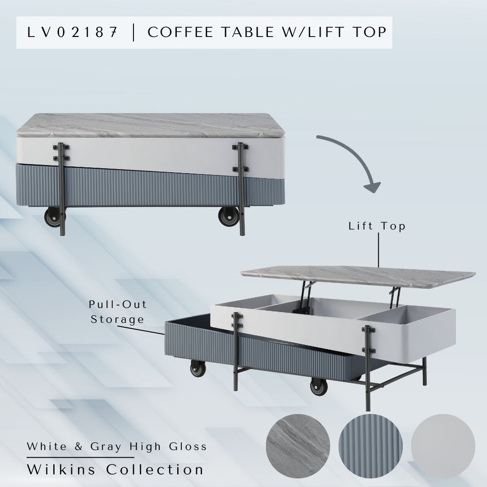 English Elm Wilkins Modern Gray & White High-Gloss Lift-Top Coffee Table with Hidden Storage and Metal Legs B2726P265756