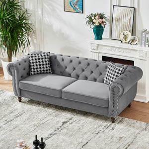 English Elm 87"Chesterfield Velvet Upholstery Sofa with Roll Armrests & Nailhead Trim, 3-Seater Luxurious Midcentury Design Grey W3373S00010