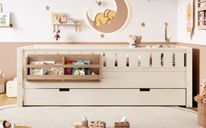 English Elm Twin Kids Platform Bed with Trundle Staircase Bookshelf and Rounded Safety Rails Beige W1580S00556