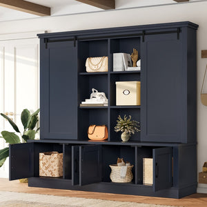 English Elm The Industrial Barn Door Entryway Cabinet with Sliding Rails and 12 Storage Compartments Blue W1580S00272