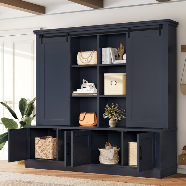 English Elm The Industrial Barn Door Entryway Cabinet with Sliding Rails and 12 Storage Compartments Blue W1580S00272